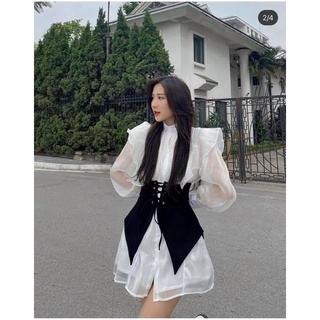 ĐẦM SƠ MI VOAN CỔ BÈO ĐAN DÂY EO 2M