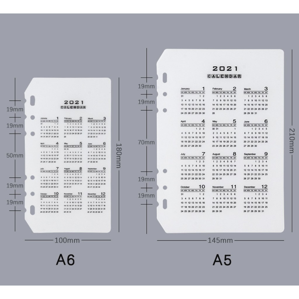 2021 Calendar 6 Hole A5 A6 Loose Leaf PP Binder Notebook Index Divider