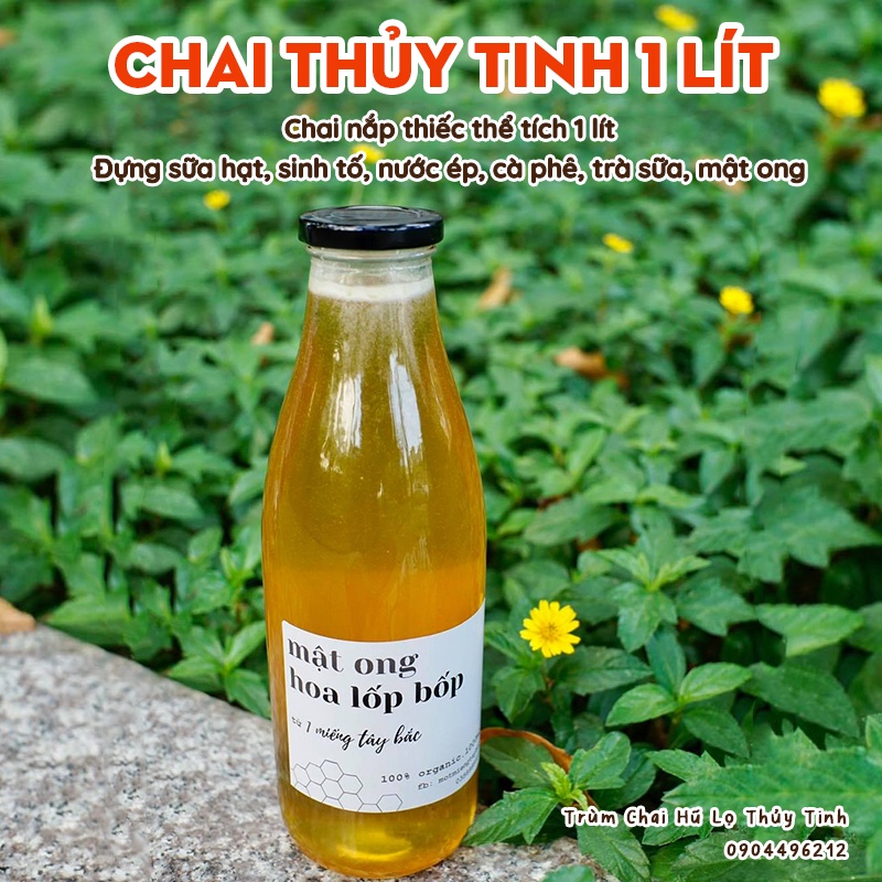 Chai Thủy Tinh Nắp Thiếc 1 lít (Chai trơn, không in hình) - Đựng sữa hạt, nước ép, trà sữa, mật ong an toàn cho sức khỏe