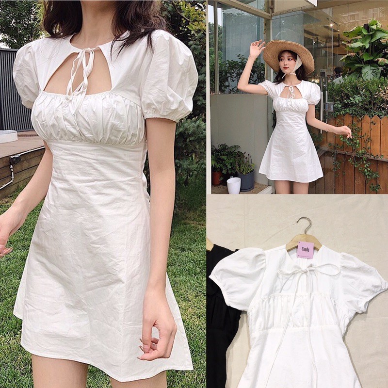 Váy ngắn nhún ngực cổ cột nơ | BigBuy360 - bigbuy360.vn