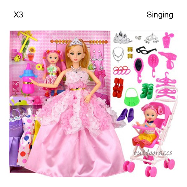 58PCS Barbie Doll Set with 6 Dress and 1 Baby Doll Cloth-replaceable Princess Play House Jointed Toy Kit for Girl Kids