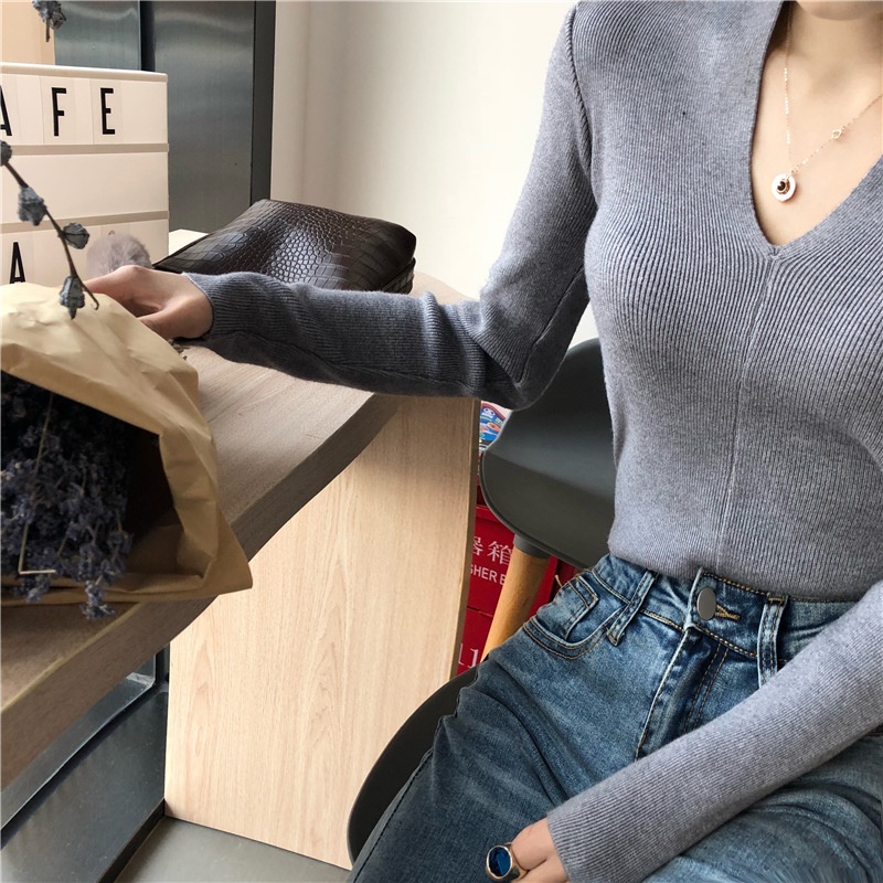 Áo sweater ZHELIHANGFEI dệt kim tay dài cổ chữ V phong cách phương Tây