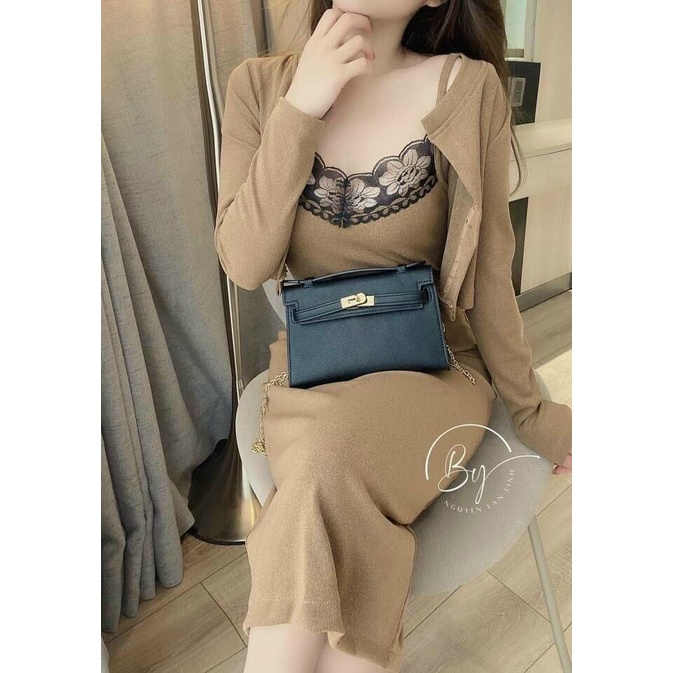 ( MIỄN PHÍ SHIP 2022) Đầm hai dây thun gân phối ren quyến rũ kèm áo khoác ngoài, đầm đi tiệc