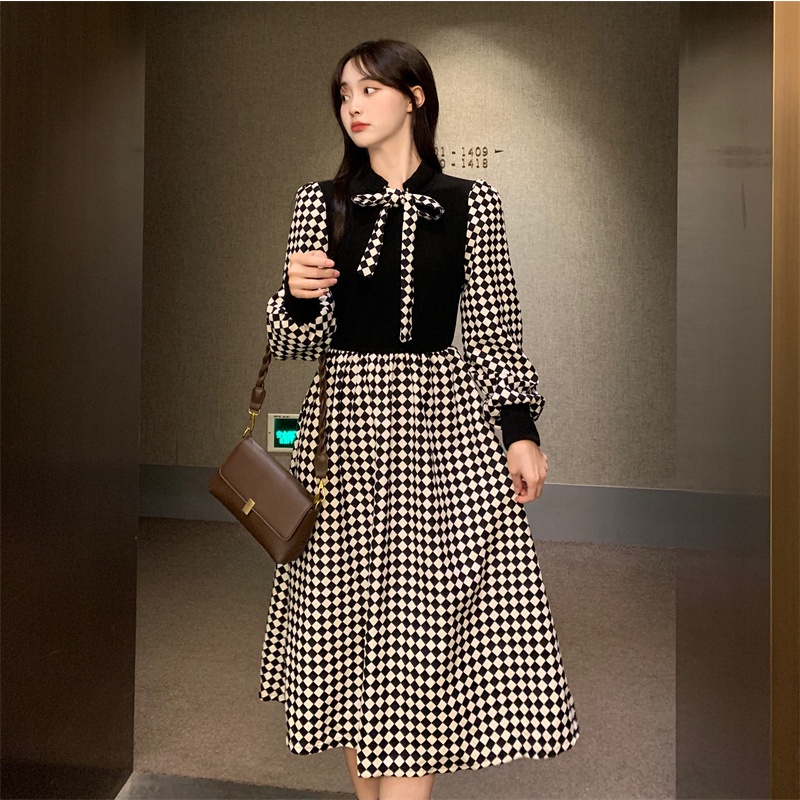 SUXI Đầm midi chữ A tay dài phong cách Hàn Quốc