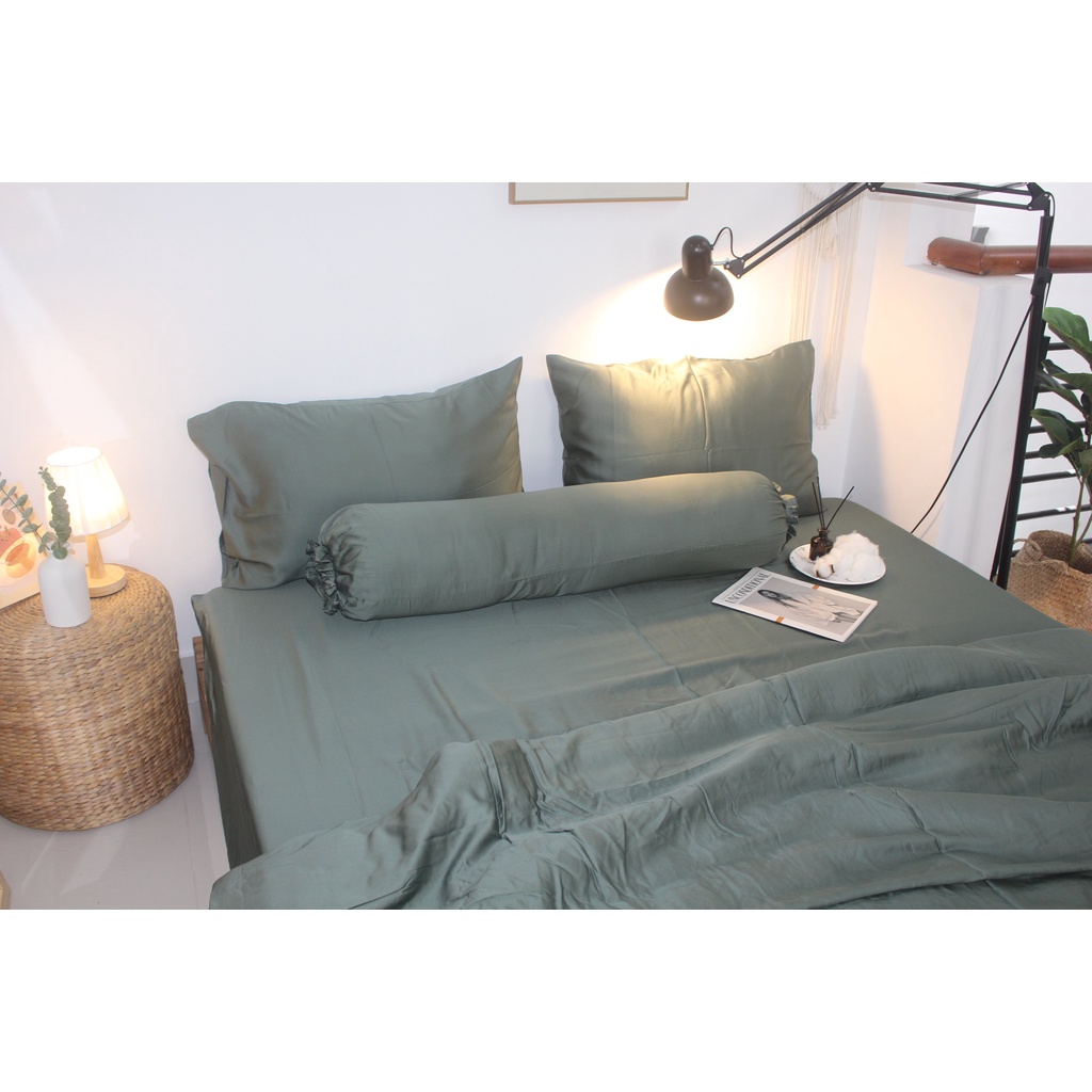 Bộ Chăn drap gối Tencel 60S màu trơn cao cấp mềm mại mịn màng vải nằm siêu mát- Mẫu Xanh Rêu