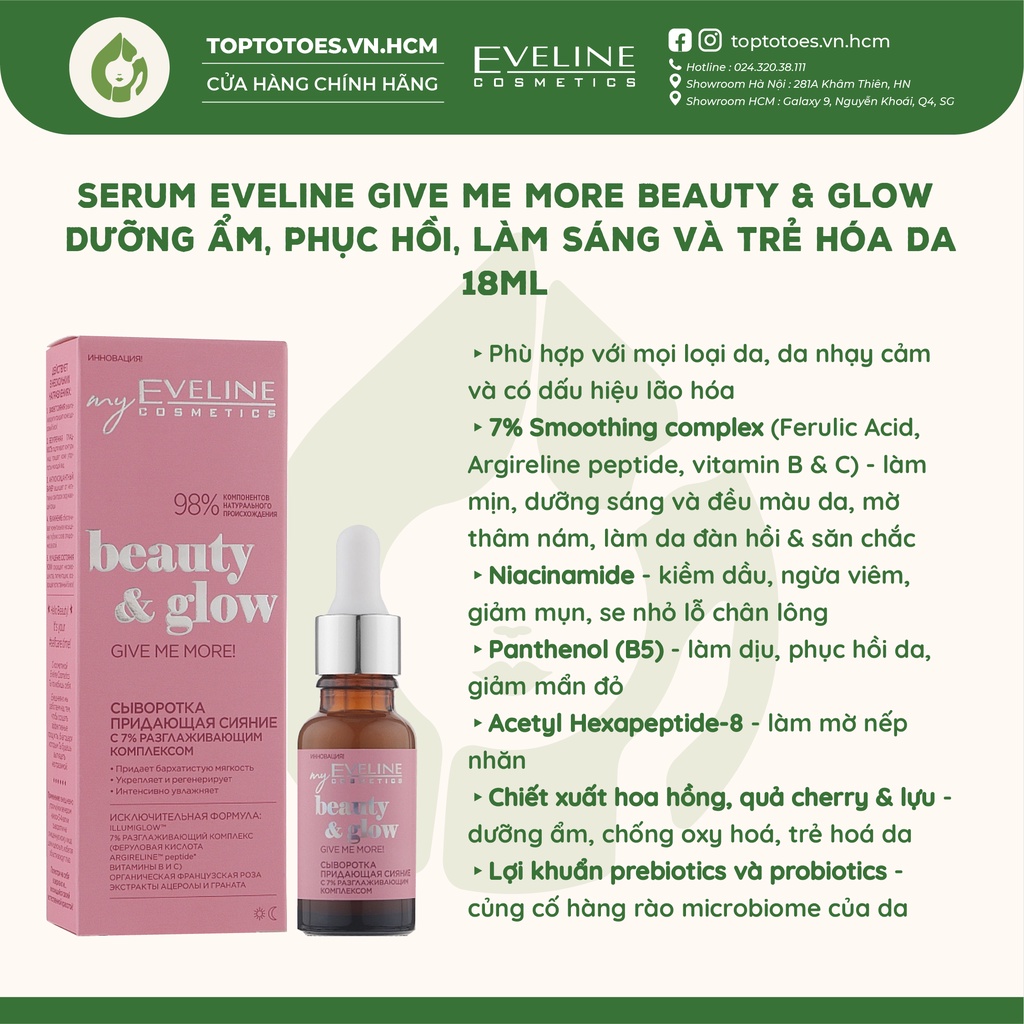 Serum Eveline Give Me More Beauty &amp; Glow dưỡng ẩm, phục hồi, làm sáng và trẻ hóa da 18ml