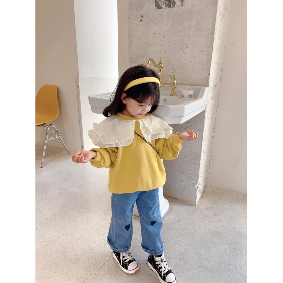 Bộ quần áo vintage bé gái, set áo vàng da cá cổ bèo quần xuông thêu tim cho bé size 12-30kg