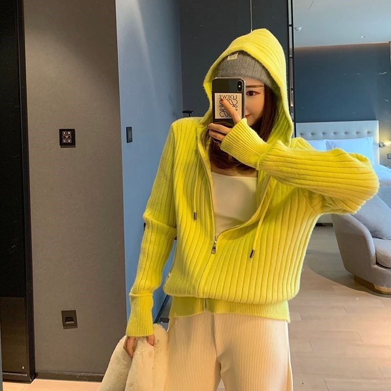 Áo khoác cardigan dệt kim dáng rộng có nón phong cách Hàn Quốc mới cho nữ