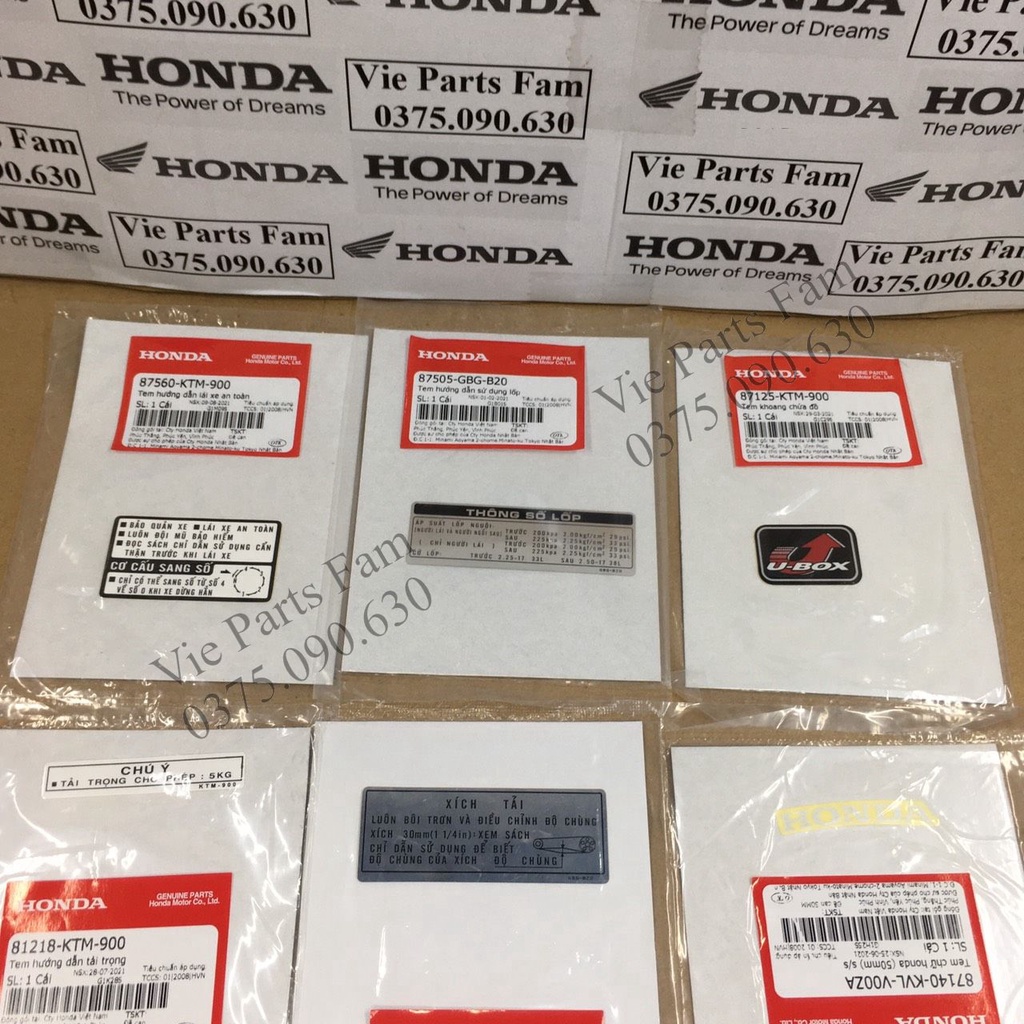 Combo bộ tem thông số Wave ZX/ Wave đời đầu 2 bóng/ Future 1/ Super Dream (6 tem), hàng din Honda mới 100%