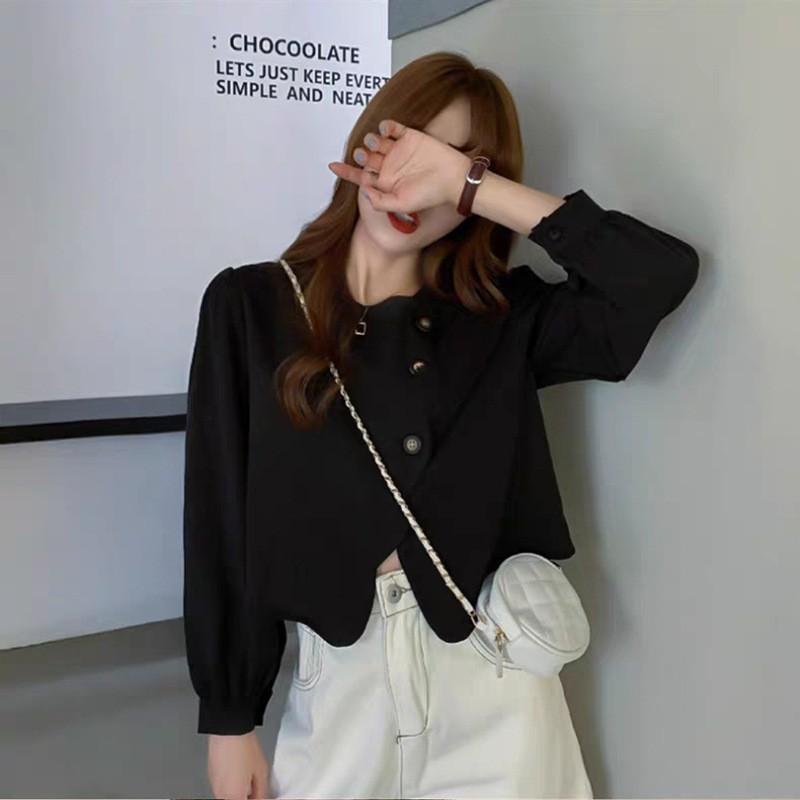 MS686 Áo sơ mi kiểu cổ tròn 3 cúc vạt lệch chất thô thu đông