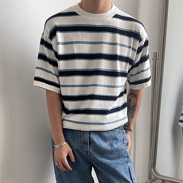 Áo Thun Tay Ngắn Họa Tiết Kẻ Sọc Phong Cách Nhật Bản Thời Trang Mùa Hè Cho Nam