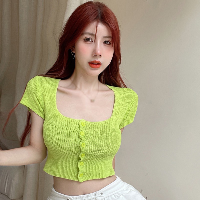 Áo Croptop Dệt Kim Tay Ngắn Màu Sắc Đơn Giản Phong Cách Hàn Quốc