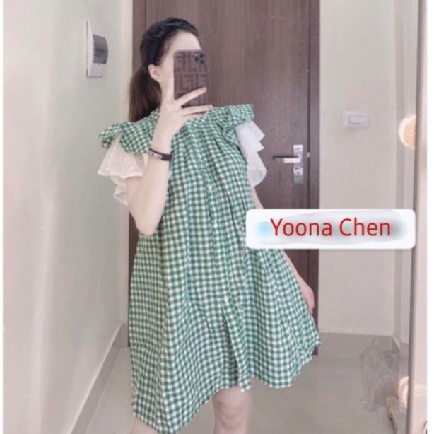 Áo đầm bầu babydoll caro xanh phối bèo trắng- váy bầu hiện đại cho mẹ mặc trước và sau sinh