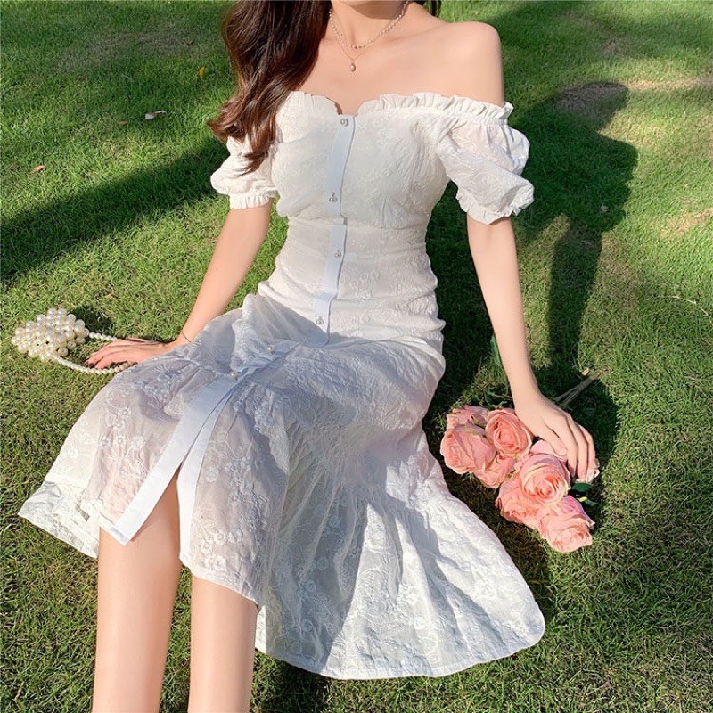 Đầm trễ vai trắng công chúa hoa nhí nổi vintage trong sáng thuần khiết đẹp y hình 💓