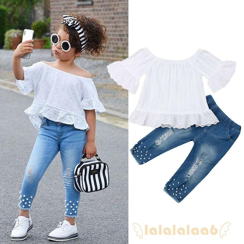 Set áo trễ vai + quần denim cho bé gái