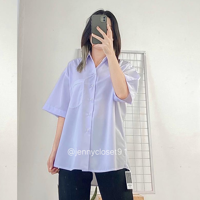 Áo sơ mi nữ form rộng tay ngắn lỡ kiểu dáng basic màu trắng xanh dáng suông style đi học sinh viên có túi ngực