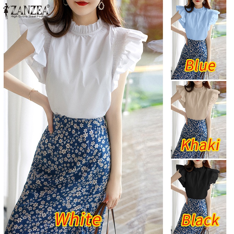 ZANZEA Áo Kiểu Cổ Tròn Tay Loe Cài Nút Sau Lưng Thời Trang Phong Cách Hàn Quốc Cho Nữ