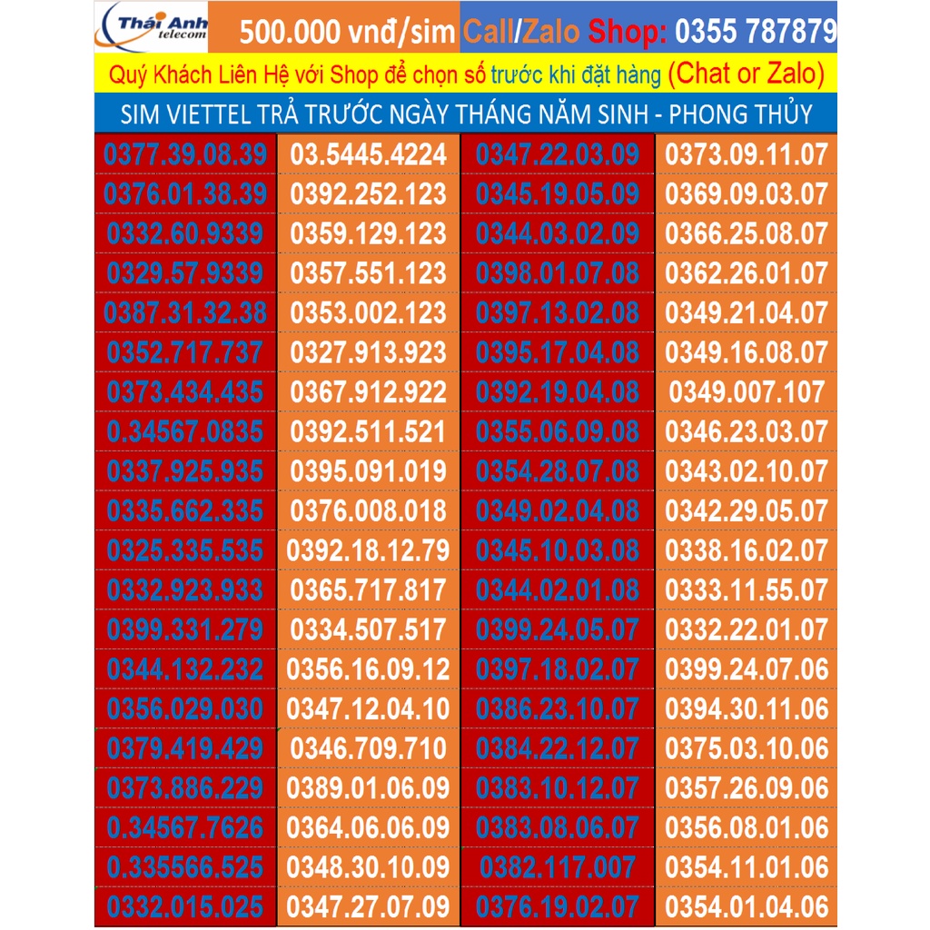 Sim đẹp 4G Viettel Gói cước V90 - V120 Ngày Tháng năm sinh Gói cước V90, V120, f70, F90 đồng giá 500.000 vnđ