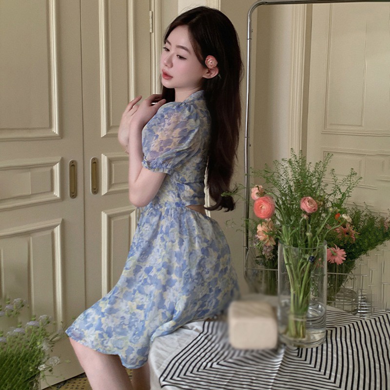 Đầm Tay Ngắn Cổ Vuông Hở Lưng Họa Tiết Hoa Phong Cách Hàn Quốc Ngọt Ngào Cho Nữ