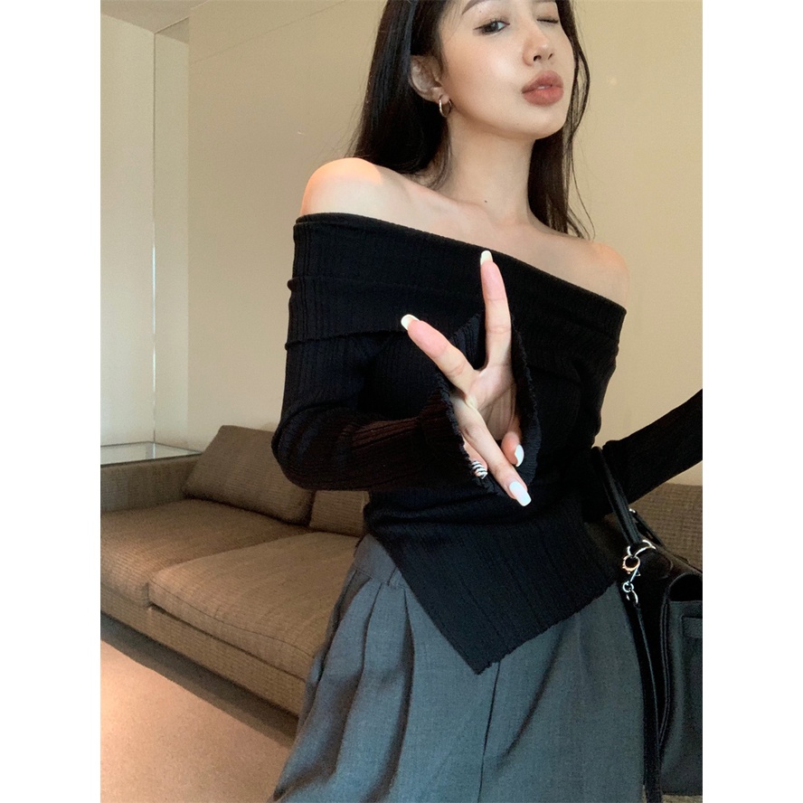 QKOOLE Áo dệt kim tay dài hở vai phong cách Hàn Quốc thời trang cho nữ