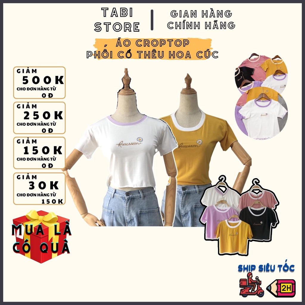 Áo croptop bo cổ thêu hoa cúc dáng body dưới 55kg