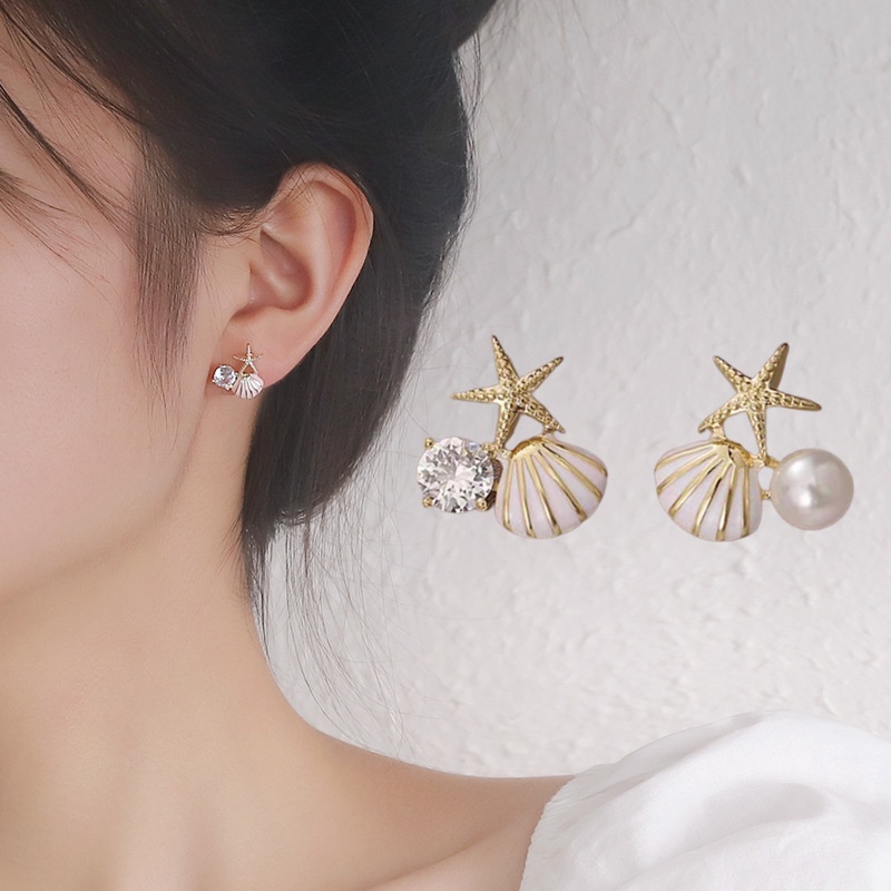 1 Đôi Bông Tai Hình Vỏ Sò Và Sao Biển Đính Ngọc Trai Giả Đơn Giản Cá Tính Dành Cho Nữ