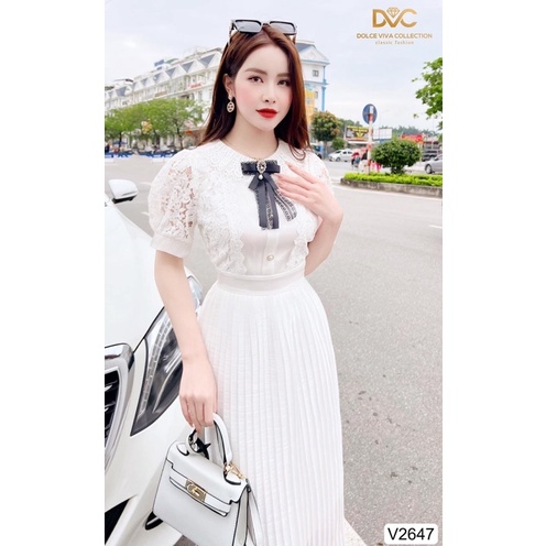 V2647 Váy trắng công sở suông dài dập ly  -  Dolce viva colection