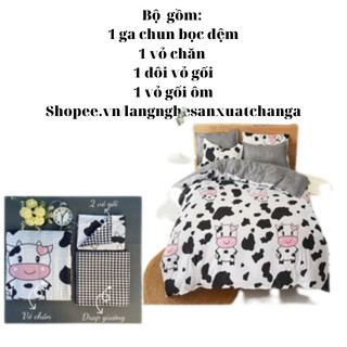 Bộ chăn ga gối 5 món poly cotton, họa tiết bò sữa, chăn phao dày như hình, chăn ga làng nghề Hà Nội