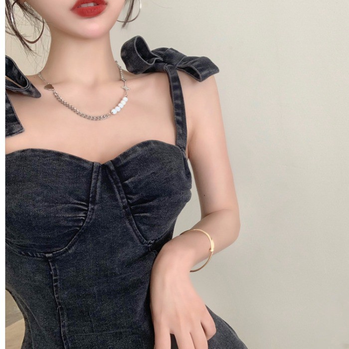 Đầm Denim Hở Vai Phong Cách Retro Hong Kong Cho Nữ