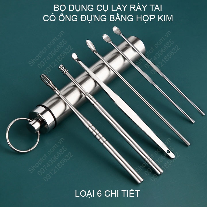 Bộ dụng cụ lấy ráy tai có ống đựng tiện dụng bằng hợp kim nhôm, loại 6-7 món tùy chọn