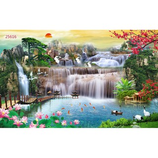 Tranh lụa 3D Hàn Quốc phong cảnh thác nước KT ngang 1.25m*0.8m