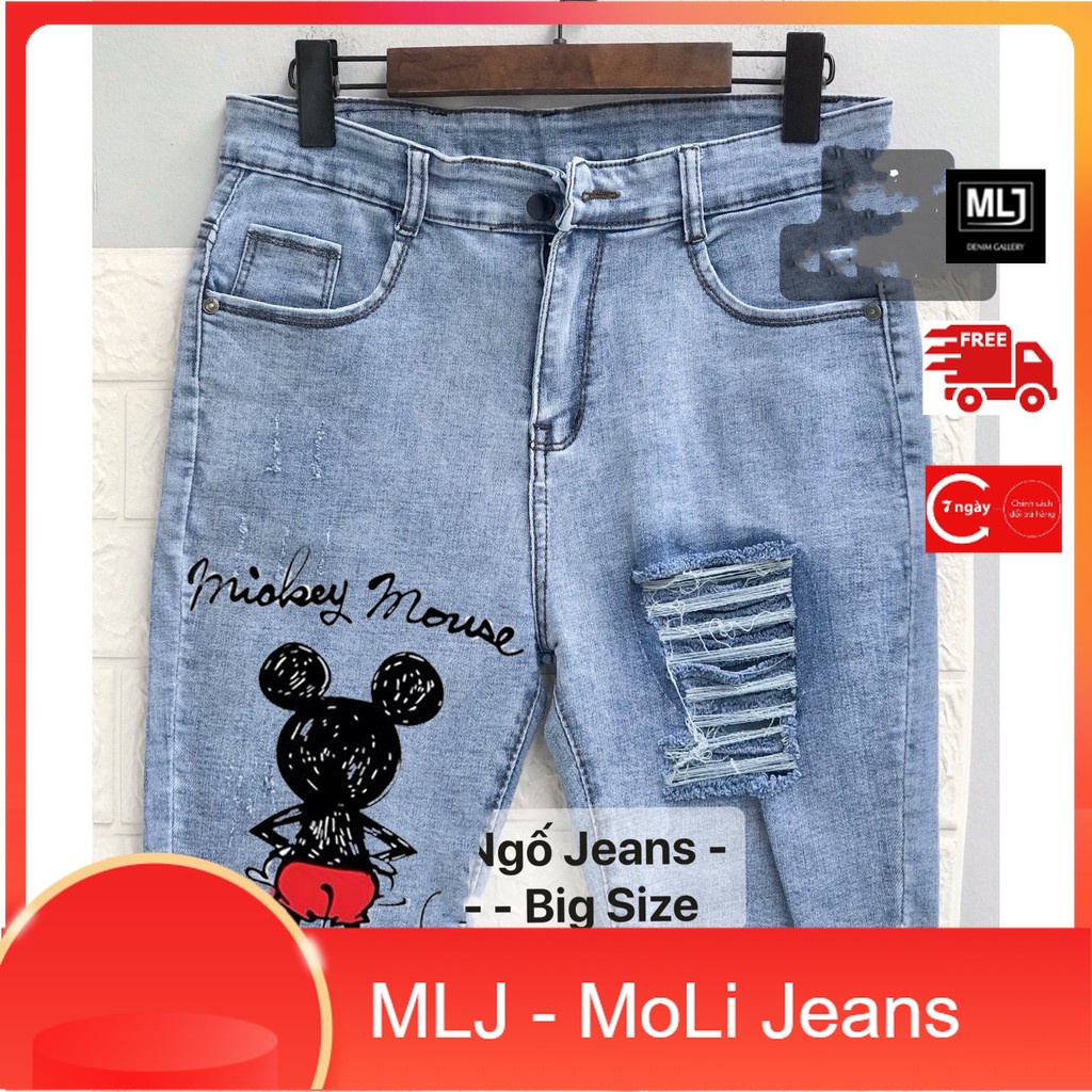 [60kg~90kg] Quần jean ngố / lửng BIGSIZE IN HINH CHUỘT ĐỎ lưng cao, co dãn mạnh rách kiểu đẹp 3459 moliruan