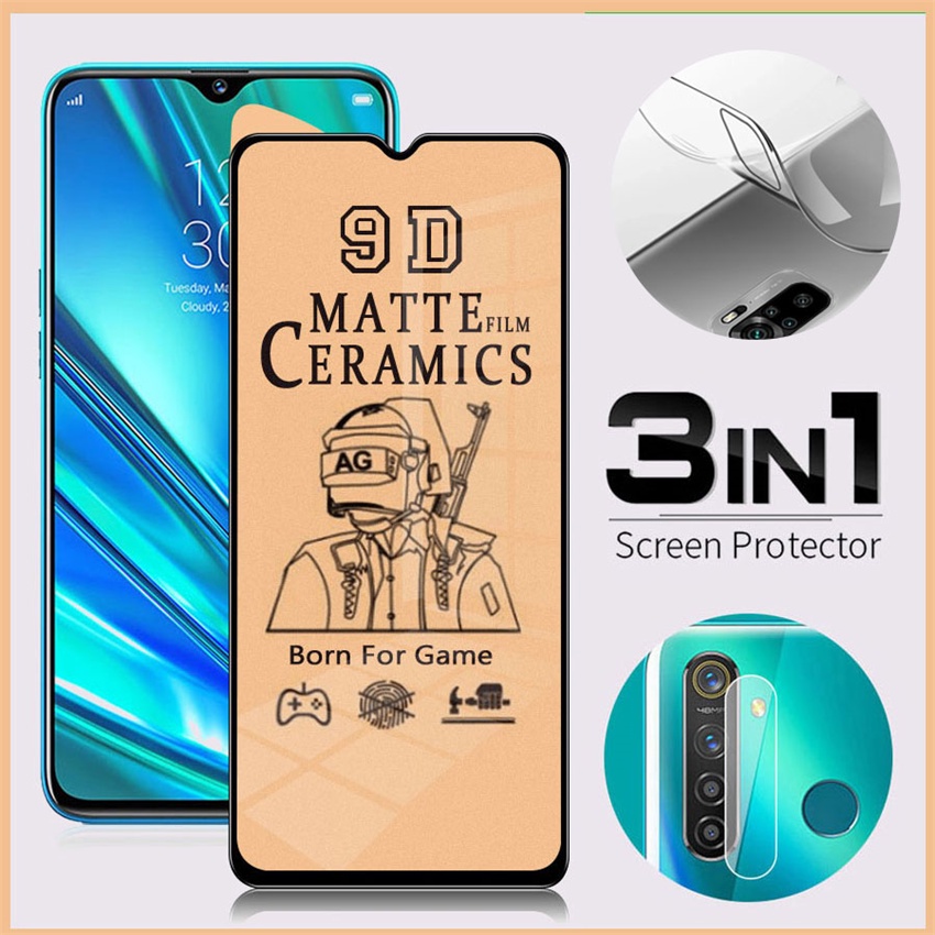 3-in-1 AG Kính Cường Lực Gốm Dẻo Siêu Dẻo Mặt trước và mặt sau và bảo vệ màn hình ống kính máy ảnh cho Realme 8 7 6 5 3 Pro C3 C11 C12 PPF sau