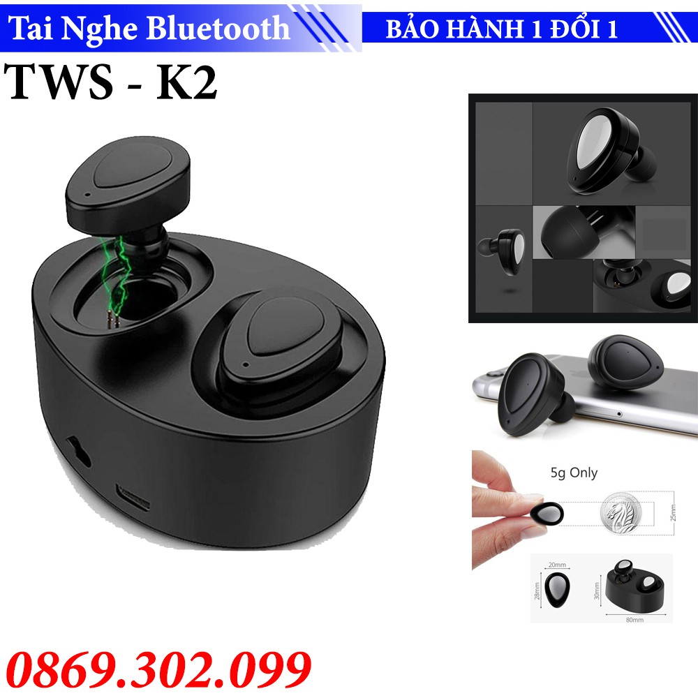 Tai nghe TWS - Tai nghe nhét tai Bluetooth không dây TWS-K2 kèm bộ sạc, Chống ồn, Tích hợp micro