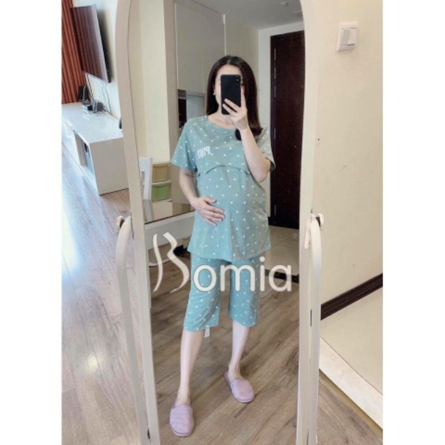 Bộ bầu và sau sinh Chicmom cộc tay Pink có lật ngực cho bé ti chất  cotton A009