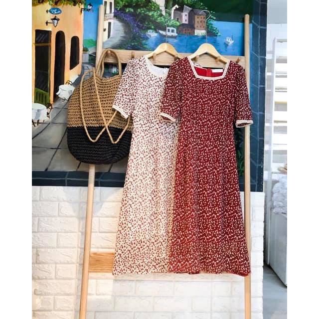 Váy hoa cổ vuông ren vintage tay lửng 2 lớp cực xinh