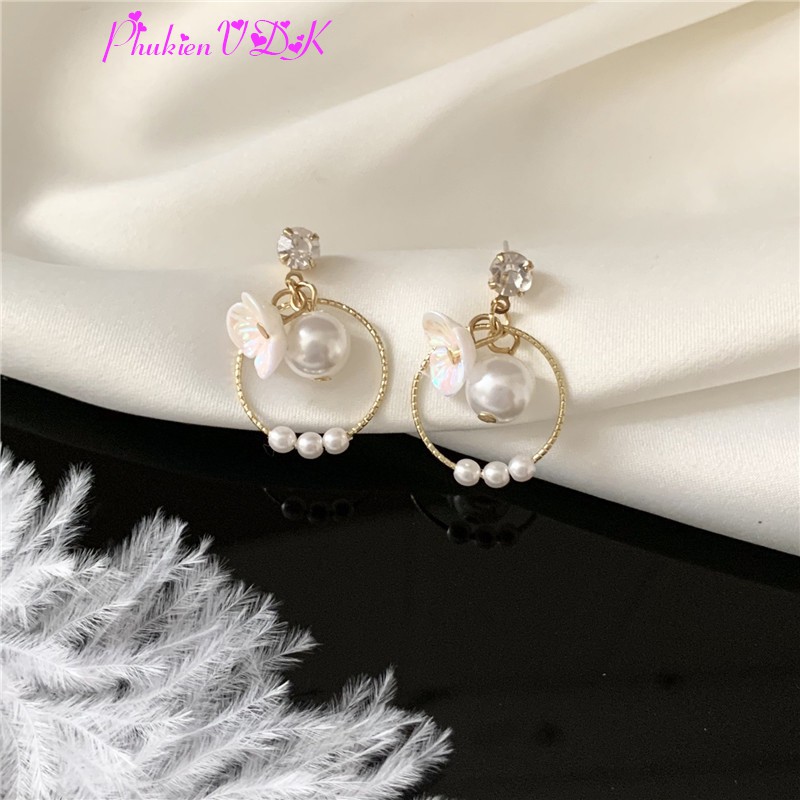 Bông tai vòng tròn gắn hoa và hạt MS134