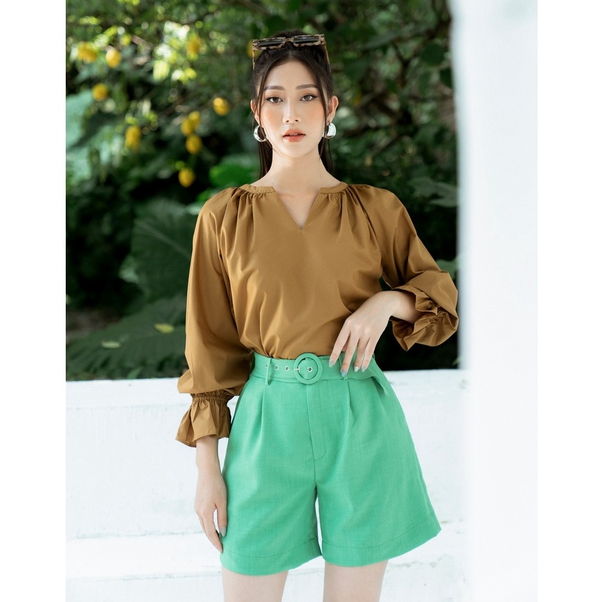 Áo sơ mi dài tay tay bồng nhún eo dáng suông cổ cách điệu hiện đại HeraDG SAKBB5066