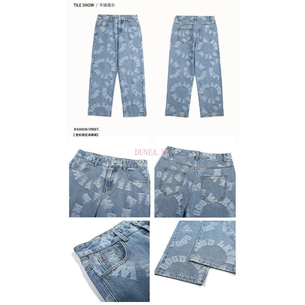 DUNEA Quần jean ống rộng thẳng in họa tiết toàn bộ thiết kế mới cho nam