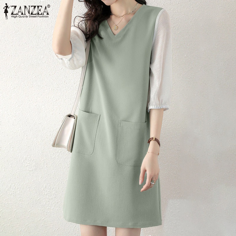 Đầm Zanzea tay lửng cổ chữ V dáng rộng sành điệu cho nữ