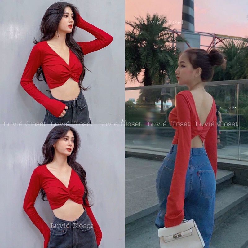 Áo Gân Xoắn Ngực Tay Dài Croptop