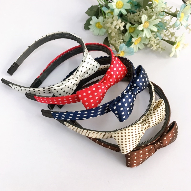 Băng Đô Nơ Vải Satin Chấm Bi Bờm Tóc Nơ Vải Satin Sang Chảnh