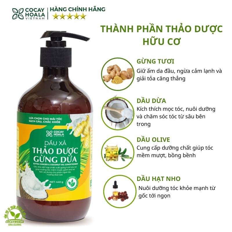 Dầu xả thảo dược gừng dừa Cocayhoala thiên nhiên hữu cơ cao cấp cỏ cây hoa lá ngăn gãy rụng dưỡng tóc mềm mượt chai 440