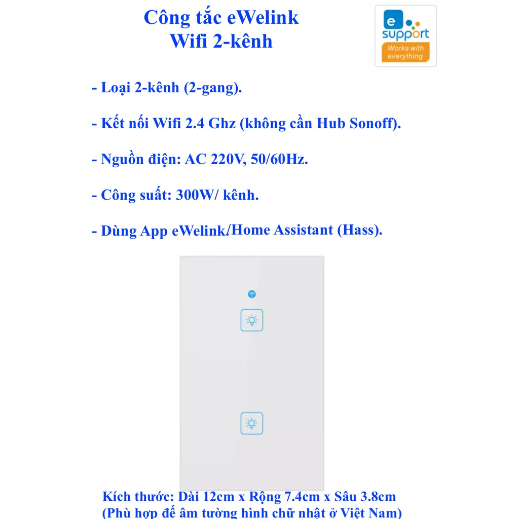 Công tắc thông minh Wifi eWelink, nút cảm ứng, kính cường lực.