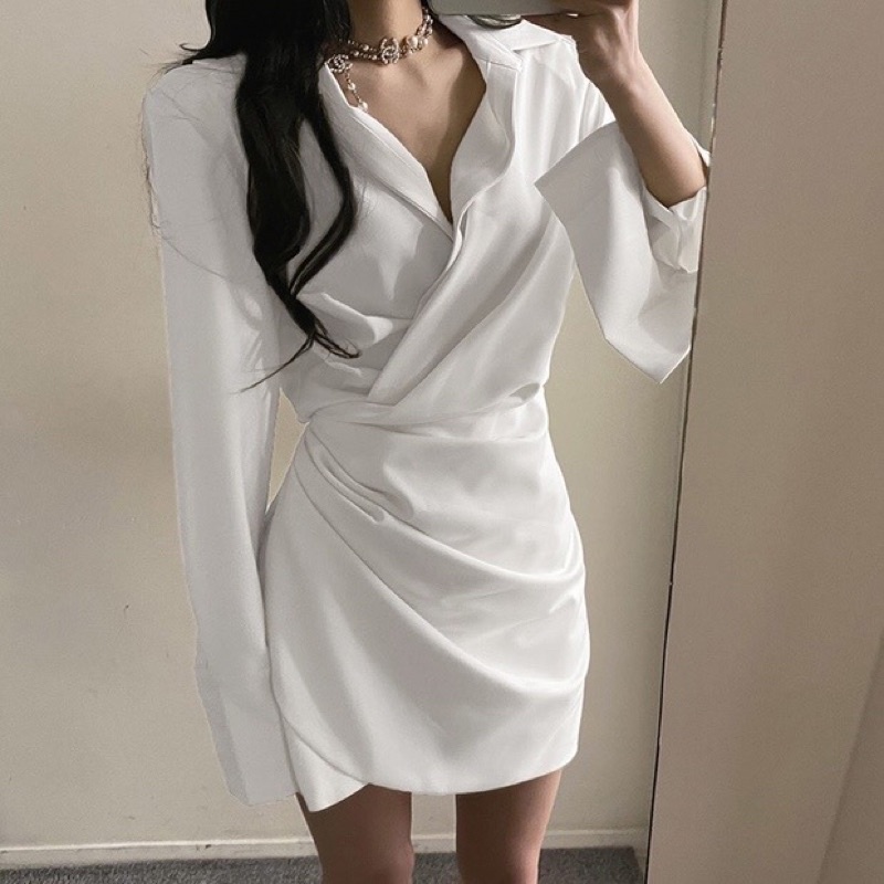 Váy sơ mi xếp ly eo dáng ngắn phong cách hàn quốc giành cho nữ