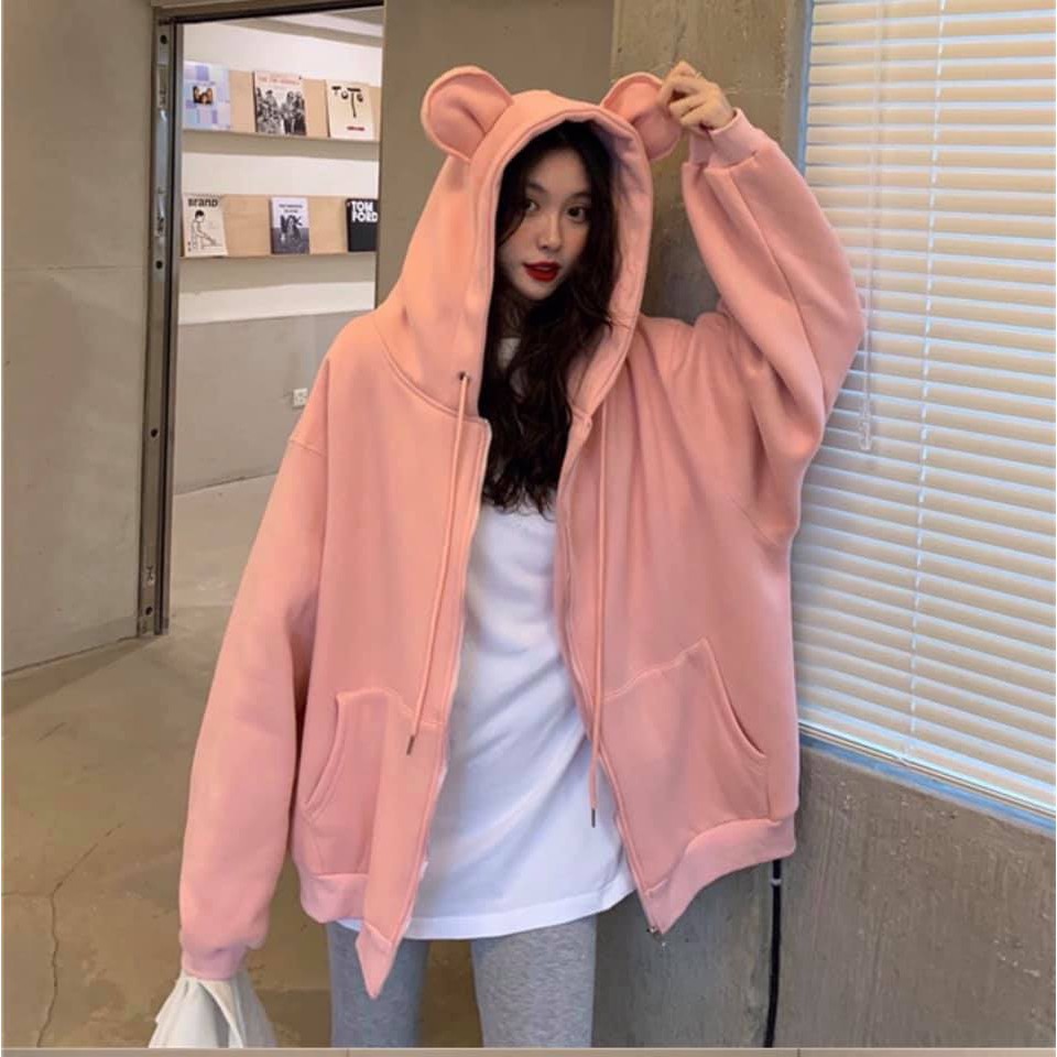Áo khoác hoodie gấu trơn nữ - Khoát nỉ khóa kéo form rộng màu xanh hồng pastel bánh bèo HOT