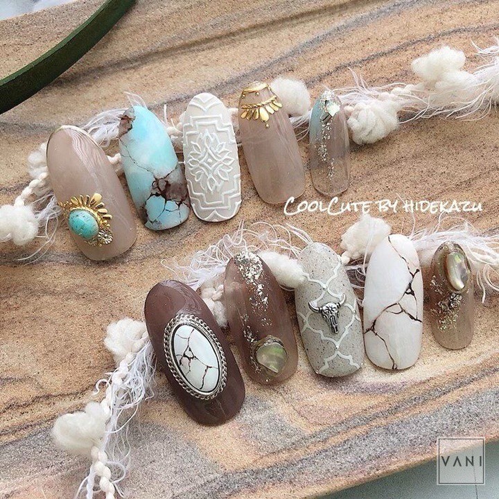 Set 5 Charm Đá Có Màu, Viền Kim Loại Phong Cách Bohemian, Phụ Kiện Nail - Vani Store