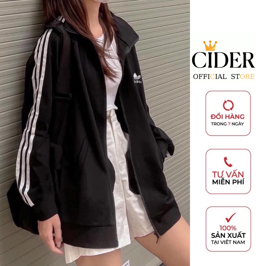 Áo Khoác BomBer Form Rộng Nam Nữ Sọc Tay Áo Nỉ Khoá Kéo Giữa Màu Đen A.didass/N.ike