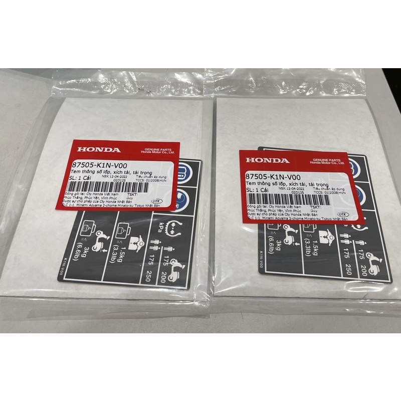 Tem Thông Số Lốp SH mode 2013-2022 chính hãng honda