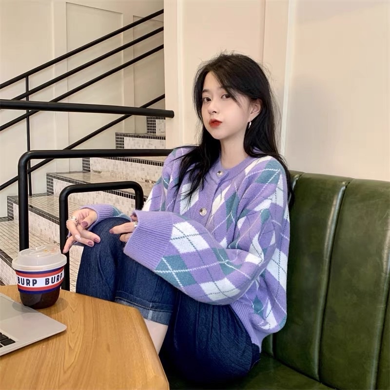 Áo khoác len Cardigan hoạ tiết màu tím ullzang